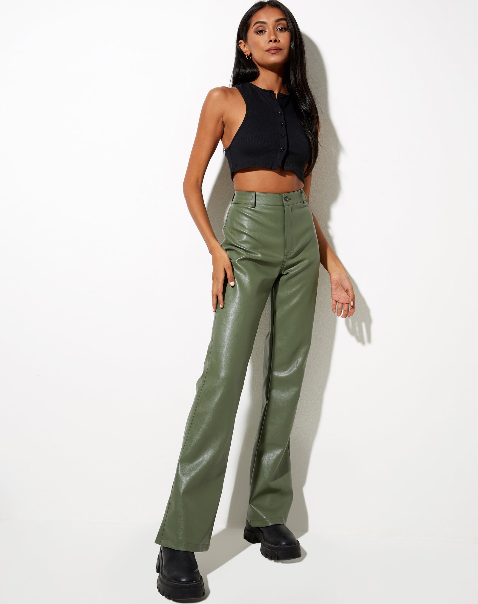 High Waist Green Faux Leather Flare ...